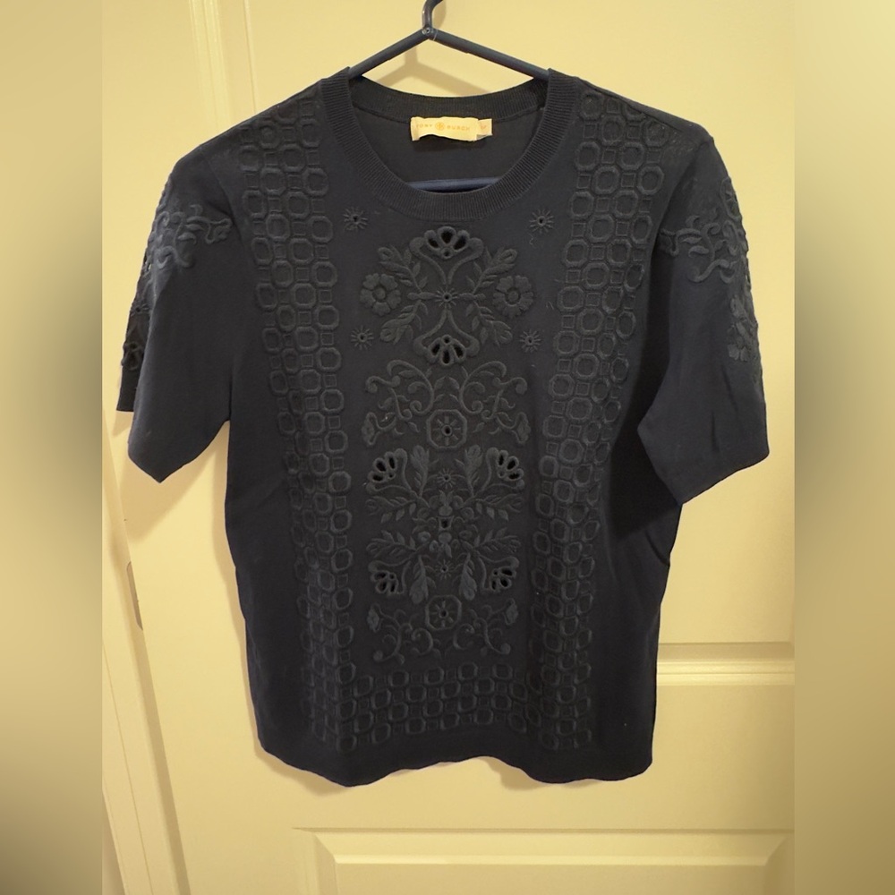 Tory Burch Navy Short Sleeved Sweater.  Size Small.